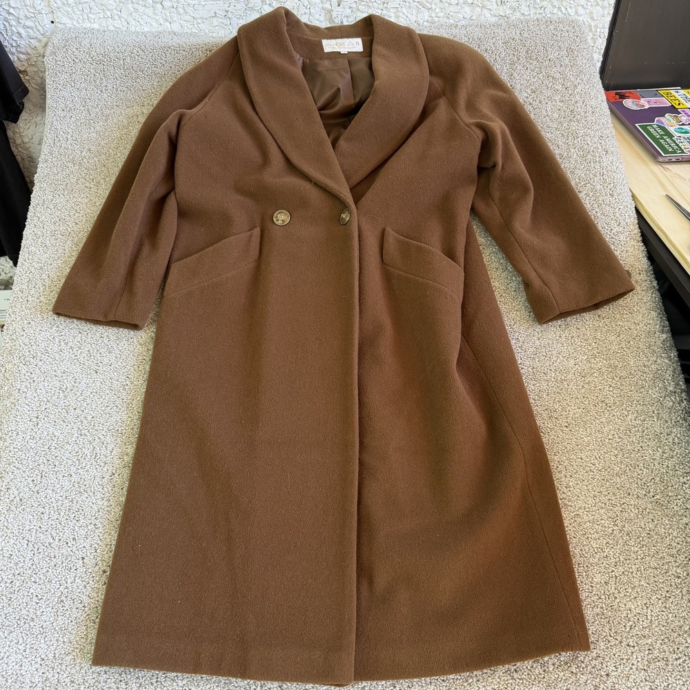 Andrea II Coat Womens Petite 14P Brown Wool Long Overcoat 3/4 Sleeve Lined